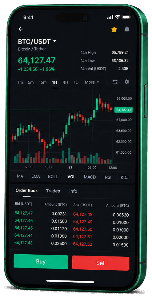 Plateforme de trading mobile Quanta Horizon — graphique BTC/USDT en direct, carnet d'ordres et interface d'achat et de vente